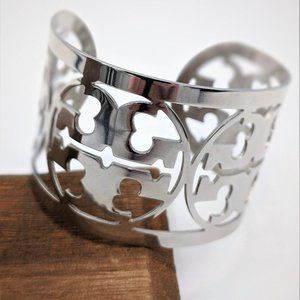 Tory Burch Silver Tone Wide Cuff Logo Bracelet